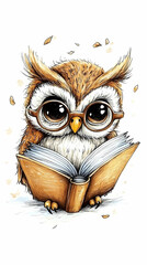 Cute cartoon owl wearing glasses reading a book.