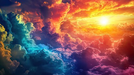 A stunning view of colorful clouds with bright sunlight illuminating the sky during sunrise or sunset, creating a tranquil and picturesque atmosphere in nature.