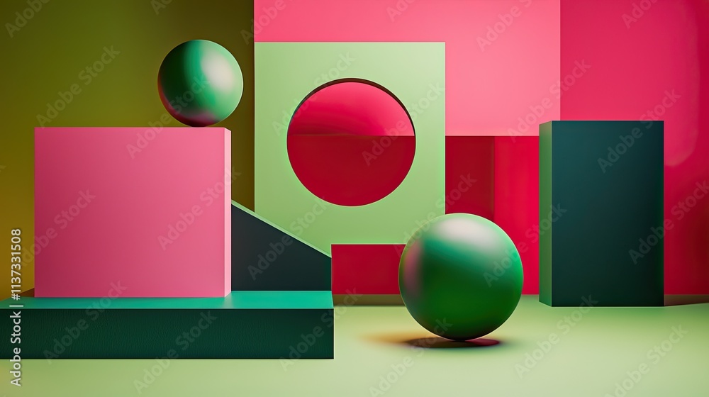 Aufkleber this abstract image showcases a modern geometric design featuring green and magenta shapes arranged 