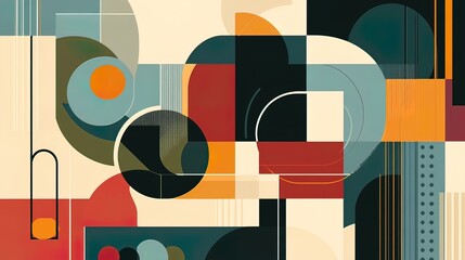 Abstract geometric art with circles, squares, and rectangles in muted tones.