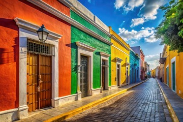 Campeche's historic center: vibrant facades stand empty, a colorful colonial scene bathed in sunlight.