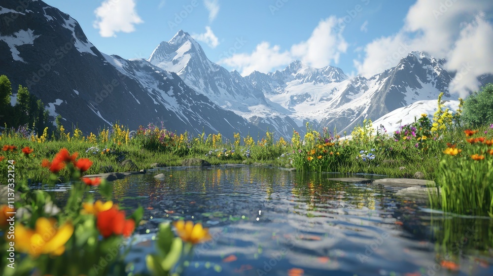 Poster scenic view of majestic snow-capped mountains with their reflection in a clear stream, surrounded by