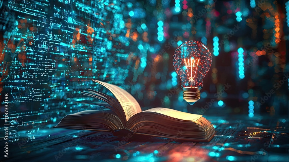Leinwandbilder An open book illuminated by a light bulb symbolizes the fusion of knowledge and creativity, set against an abstract background representing data and insights.