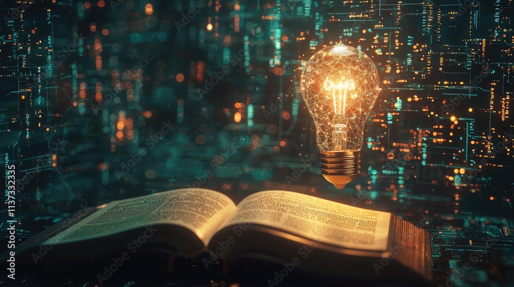Poster An open book illuminated by a light bulb symbolizes the fusion of knowledge and creativity, set against an abstract background representing data and insights.