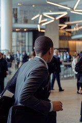 Fototapeta premium Professional rushing between meetings in a bustling corporate lobby