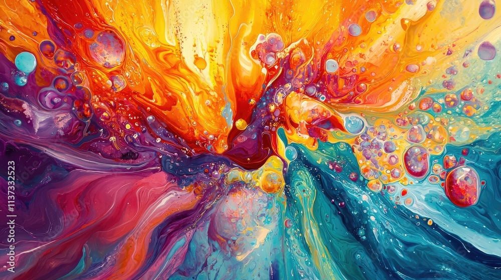 Poster a stunning abstract composition featuring vibrant liquid shapes in vivid colors. the dynamic flow cr