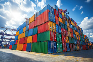 Fototapeta premium Stacked colorful cargo containers at a port under blue sky.