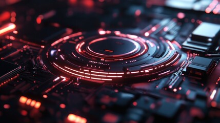 Abstract close-up of a futuristic circuit board with glowing red lights and intricate patterns.