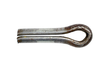 Iron cotter pin on a white background. Cotter pin close-up.