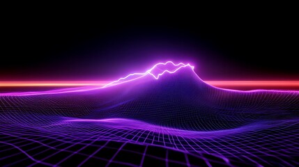 Neon Wave Landscape with Wireframe Grid and Bright Purple Light Against Black Background
