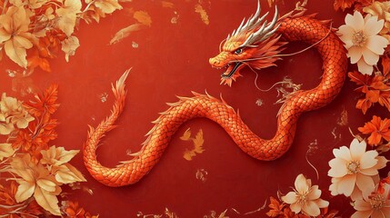 Obraz premium Intricate red dragon entwined with golden floral motifs, perfect for Chinese New Year celebrations or cultural events, offering elegance and mystique.