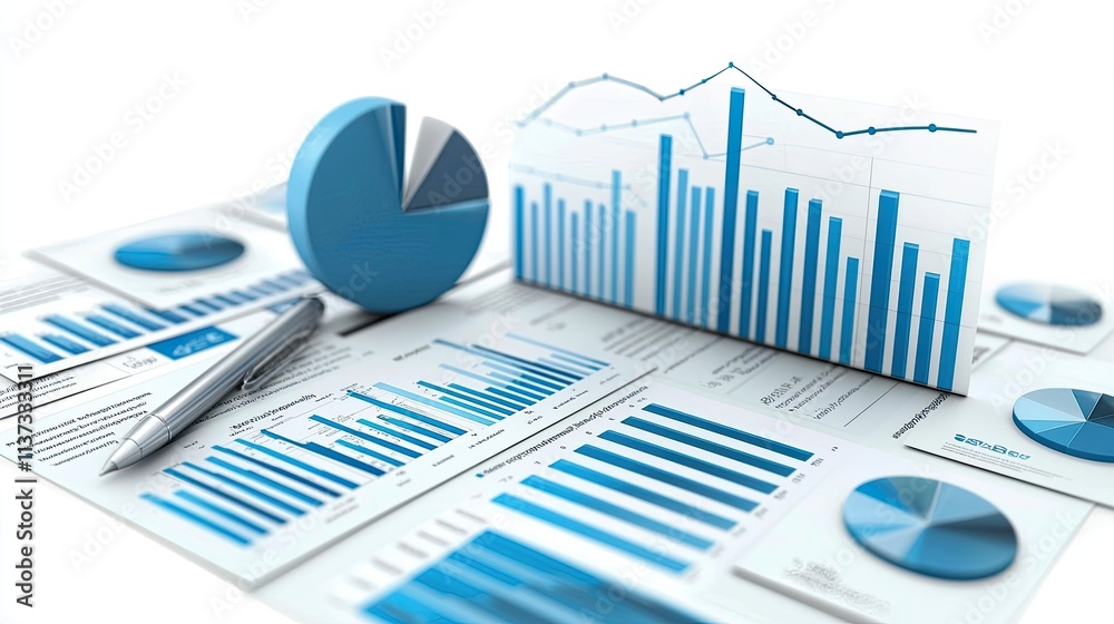 Poster This image showcases a modern business data visualization theme, featuring various charts and graphs in blue tones to represent statistical analysis and growth trends eff