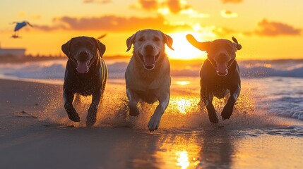 Labrador Retrievers playing fetch on beach at sunset