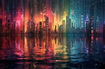 Night City Skyline with Rainbow Reflections