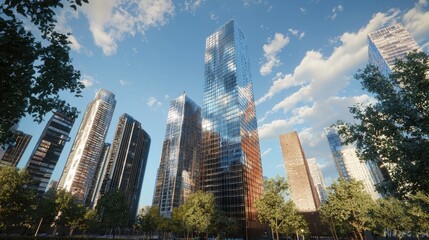 Naklejka premium A captivating view of modern skyscrapers reaching towards the blue sky. The image showcases the architectural beauty and reflective surfaces of these high-rise buildings
