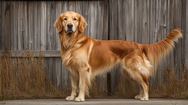 Golden Retriever portrait in rustic setting with studio lighting