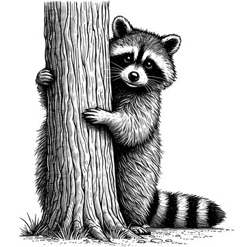 raccoon hugging tree black and white clip art preview
