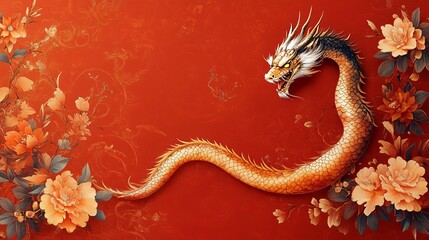 Obraz premium A stunning digital illustration of a red dragon entwined among golden floral motifs, perfect for celebrations like Lunar New Year or for cultural decor.