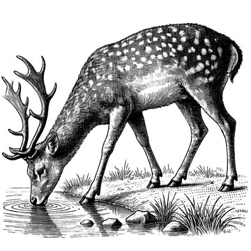 A gentle deer drinking from a stream, line sketch engraving.