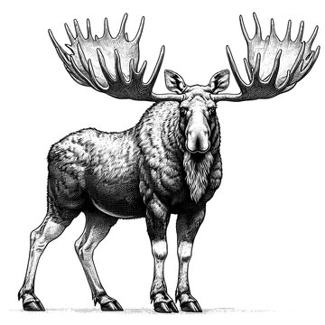 recommend clip art: A majestic moose with large antlers, standing tall, line sketch engraving.