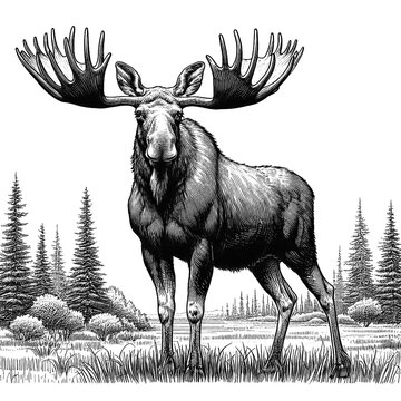 recommend clip art: A majestic moose with large antlers, standing tall, line sketch engraving.