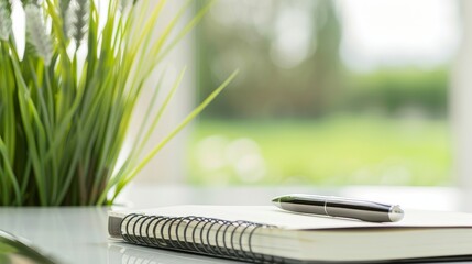 Healthy green plant on white table with small notebook and pen, symbolizing health advice and wellness tips, clean and focused image with copy space for text.