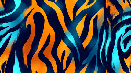 Vibrant seamless pattern featuring tiger stripes and indigo zebra skin with aquamarine accents ideal for textile design and fashion applications. Beryl. Illustration