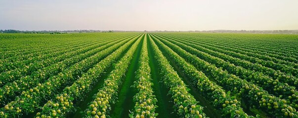 Fototapeta premium Apple harvest idea. A scenic view of lush green vineyards stretching into the horizon under clear skies.