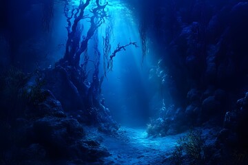 Naklejka premium Underwater Illustration: Sunbeams Illuminate Sunken Forest, Illustration