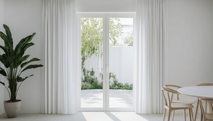 Minimalist Interior with Large Glass Doors Leading to a Lush Garden
