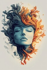 Abstract Portrait of a Woman with Autumnal Leaves in Her Hair.