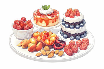 Assorted Delicious Desserts with Fresh Fruits and Nuts on a White Plate