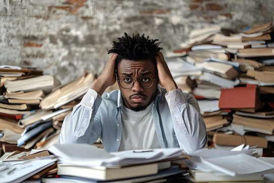 Photo: Stressed Young Man Surrounded by Documents and Books