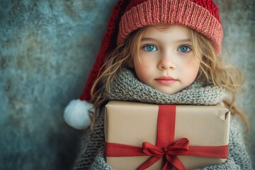 Child girl amazed in a red xmas hat, with surprise box. Festive season advertising concept art artwork for media and online networks use. Gift presentation ideas. Gift purchase ads.