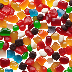 Mixlicorice pieces,  hard candies and glossy textures bright assortment of gummy bears, jelly beans, Candy