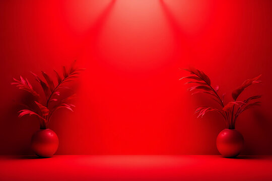 Abstract red studio background for product presentation. Empty room with shadows of window and flowers and palm leaves