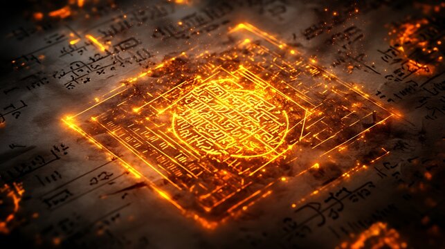Glowing ancient symbol embedded in fiery manuscript.