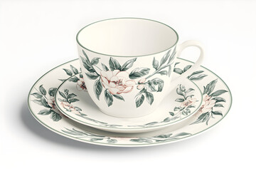 Fototapeta premium Elegant porcelain teacup and saucer with floral design, showcasing blooming flowers and leaves on a pristine white background