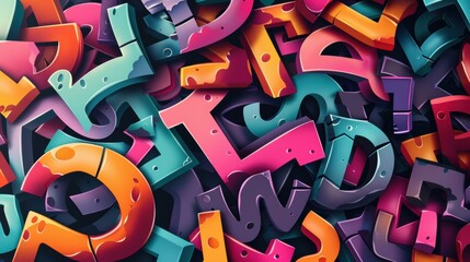 A vibrant assortment of colorful, stylized letters scattered together.