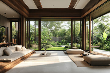 Modern living room overlooking a tranquil garden.