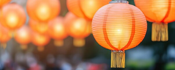 Fototapeta premium Chinese lanterns concept. Vibrant orange lanterns hanging in a festive atmosphere, symbolizing celebration.