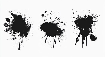 Abstract black ink splatters on a white background, showcasing varied shapes and sizes, ideal for artistic or design applications.