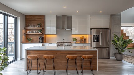 Modern kitchen with sleek design, island seating, and natural light.