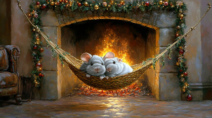 Obraz premium Two chinchillas snuggle in a hammock by a warm fireplace decorated for Christmas.