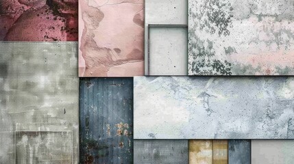 A collage of textured surfaces in various colors and patterns.