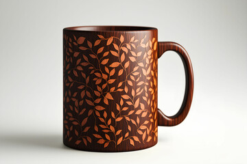 Artistic Wooden Mug with Intricate Leaf Design on a Neutral Background Ideal for Home Decor and Beverage Enjoyment