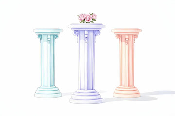 Obraz premium Elegant pastel columns with floral arrangement, ideal for wedding decorations and event showcases in serene and minimalistic design