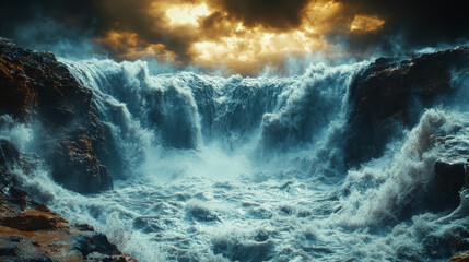 Obraz premium A wide waterfall rushes down from the mountaintop