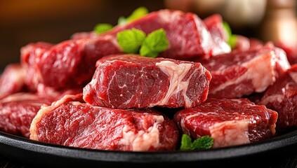Close-up of Raw Beef Steaks on Black Plate