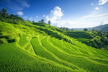 Lush green rice terraces under a bright blue sky with scattered clouds.